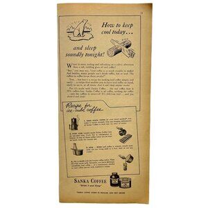 Sanka Coffee Vintage Print Ad 1942 Camping Bear in Wood Ice Cube Coffee Recipe